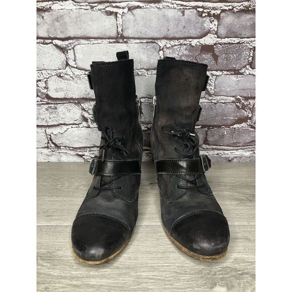 AllSaints Spitalfields Jacks Place Black Leather Zip Heel Strap Boots Women 38EU - Picture 11 of 16